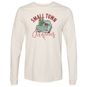 Small Town Christmas Natural Long Sleeve Tee Old Truck & Christmas Tree Cotton